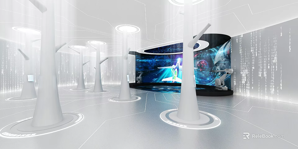 Modern Futuristic Exhibition Hall With Digital Screens Interactive Displays And Circular Lighting 3d model 