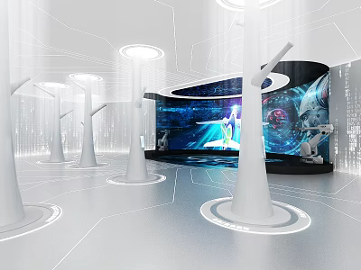 Modern Futuristic Exhibition Hall With Digital Screens Interactive Displays And Circular Lighting 3d model