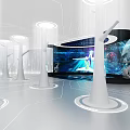 Modern Futuristic Exhibition Hall With Digital Screens Interactive Displays And Circular Lighting