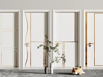 Modern White Hinged Doors with Golden Lines and Decorative Plant in Interior 3d model