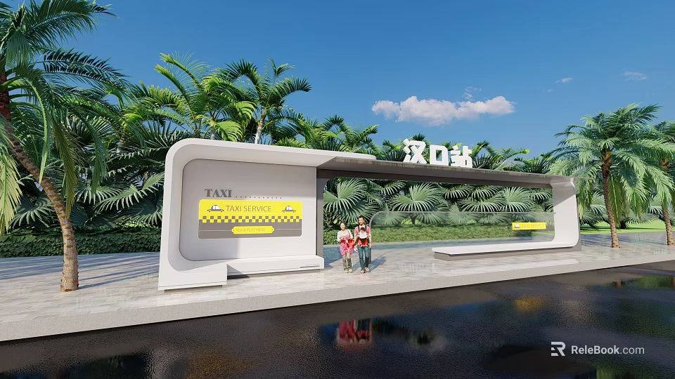 Modern Hankou Station Exterior With White Structure Palm Trees And Blue Sky 3d model 