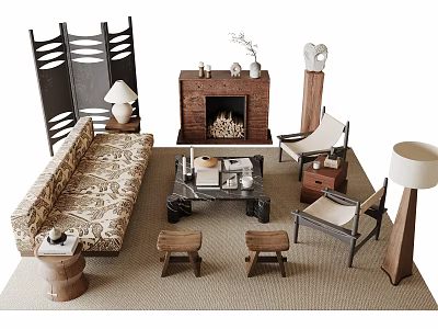 Modern Living Room Sofa Coffee Table Set With Fireplace Armchairs And Room Divider 3d model