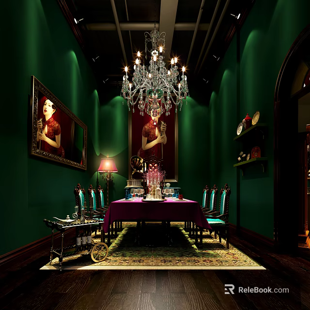 Elegant Private Dining Box Interior With Green Walls Chandelier Dining Table And Chairs 3d model 