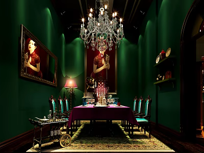 Elegant Private Dining Box Interior With Green Walls Chandelier Dining Table And Chairs 3d model