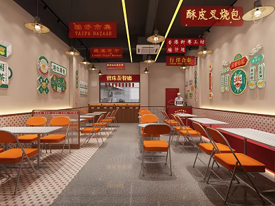 Cantonese Style Restaurant Interior With Orange Chairs White Tables And Wall Signs 3d model