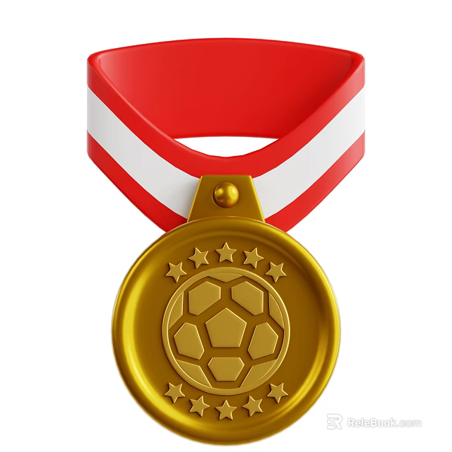 Decorative Ornament Set Featuring Gold Medal With Soccer Ball Design And Red White Ribbon 3d model 
