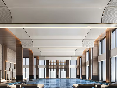 Modern Swimming Pool Interior Design With Large Windows Wooden Elements White Ceiling And Lounge Area 3d model