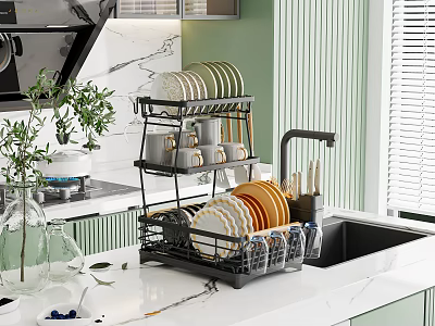 Black Dish Rack With Plates And Cups In Kitchen 3d model