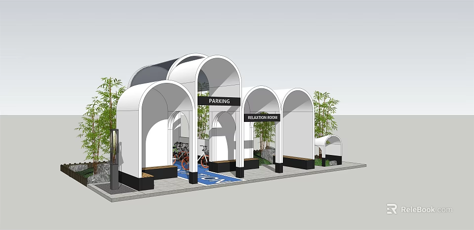 Modern Public Pavilion With Arched Design Green Plants Information Service Rest Benches And Blue Floor 3d model 