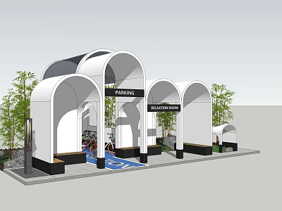 Modern Public Pavilion With Arched Design Green Plants Information Service Rest Benches And Blue Floor 3d model