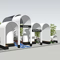 Modern Public Pavilion With Arched Design Green Plants Information Service Rest Benches And Blue Floor