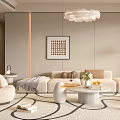 Elegant Modern Living Room Interior With Beige Sofa Round Coffee Table Area Rug And Chandelier