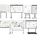 Hand Drawn Musical Instruments And Art Supplies On Easel Stand Whiteboards With Various Designs