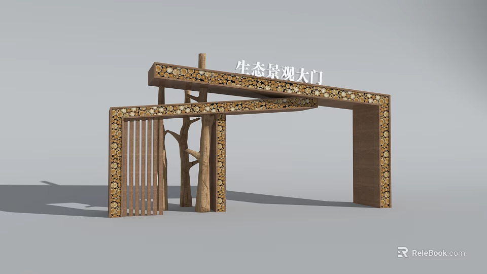 Eco Romantic Entrance Gate Design With Wooden Structure And Natural Decorative Elements 3d model 