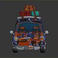 Cartoon Blue Car with Pink Purple Stripes Carrying Orange Red Green Suitcases on Roof