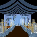 Elegant Banquet Hall Interior With Striped Ceiling Fairy Lights And Orange Carpet