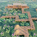 Waterfront Landscape With Wooden Boardwalks Purple Water Lilies Green Lotus Leaves And Floating Platforms
