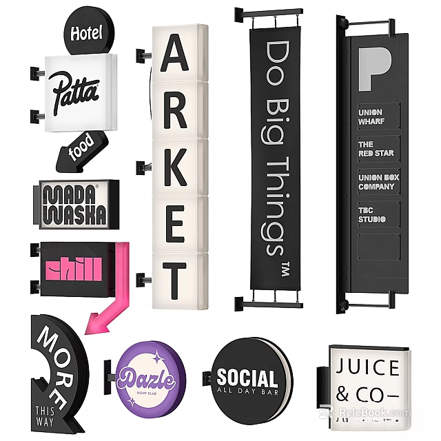 Diverse Commercial Signage Components With Patta ARKET Social And Juice Brand Logos 3d model 