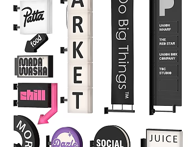 Diverse Commercial Signage Components With Patta ARKET Social And Juice Brand Logos 3d model