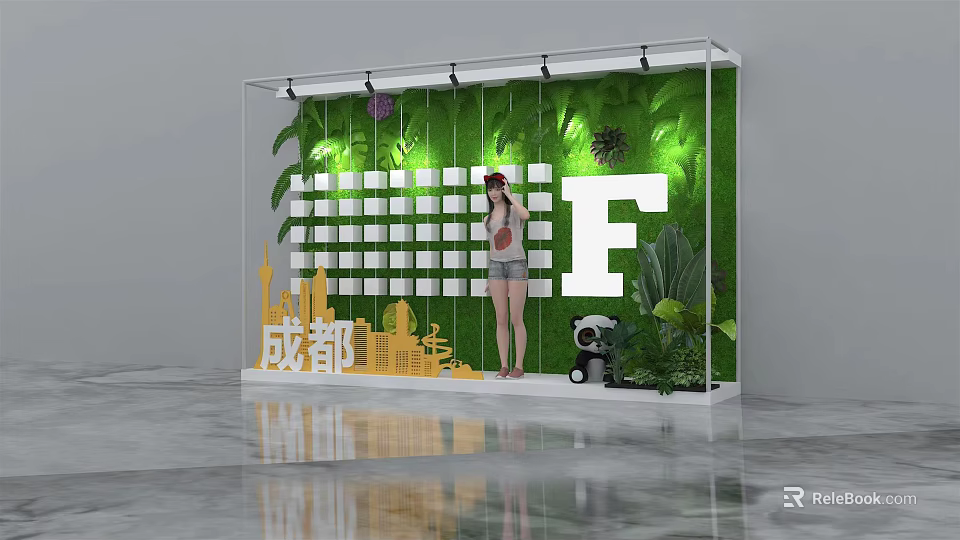 Chengdu Photo Check In Spot With Green Backdrop Letter F Grid Decoration And Panda Doll 3d model 