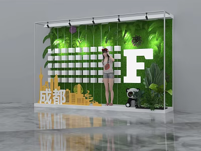 Chengdu Photo Check In Spot With Green Backdrop Letter F Grid Decoration And Panda Doll 3d model