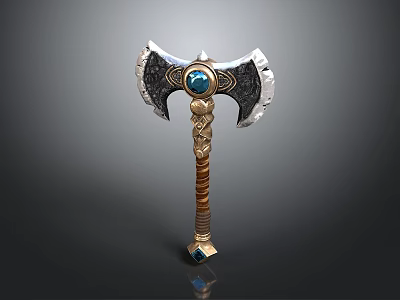 Fantasy Battle Axe With Metal Blades Central Blue Gemstone And Decorative Golden Handle 3d model