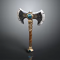 Fantasy Battle Axe With Metal Blades Central Blue Gemstone And Decorative Golden Handle