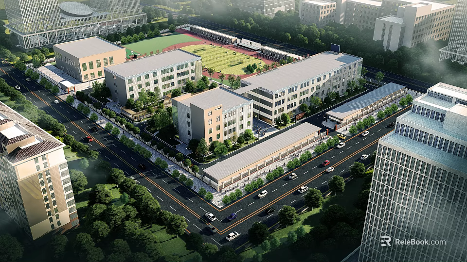 Modern School Campus Featuring Classroom Buildings Playground Greenery And Surrounding Roads 3d model 