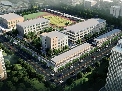 Modern School Campus Featuring Classroom Buildings Playground Greenery And Surrounding Roads 3d model