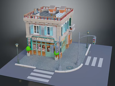 Cartoon Corner Building Scene with Pauline Store Sign Potted Plants Street Lamp and Traffic Light 3d model
