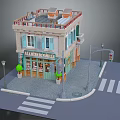 Cartoon Corner Building Scene with Pauline Store Sign Potted Plants Street Lamp and Traffic Light