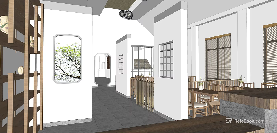 Traditional Chinese Restaurant Interior With Wooden Tables Chairs Chinese Style Windows And Lanterns 3d model 