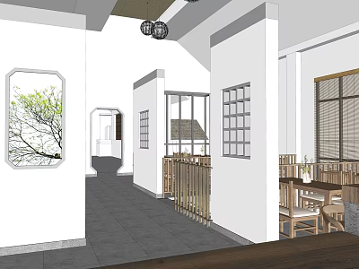 Traditional Chinese Restaurant Interior With Wooden Tables Chairs Chinese Style Windows And Lanterns 3d model