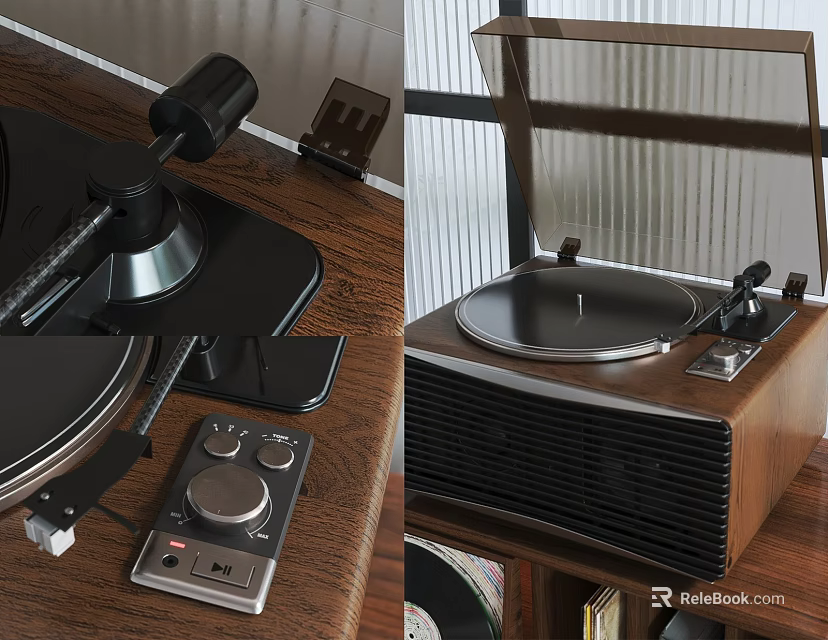 Vintage Vinyl Record Player Audio System With Wooden Case Control Panel And Transparent Cover 3d model 