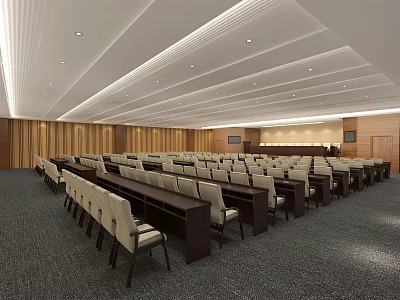 Spacious Modern Conference Room With Wooden Walls Ceiling Lighting And Arranged Seats 3d model
