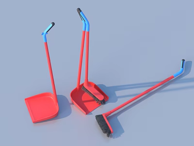 Red Broom And Dustpan Set With Blue Handles For Household Cleaning 3d model