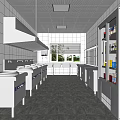 Commercial Kitchen Interior with Stainless Steel Appliances Tiled Walls Multiple Burners and Refrigerator