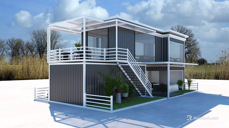 Modern Two Story Container House With White Railings Staircase Terrace And Plants 3d model 