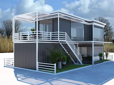 Modern Two Story Container House With White Railings Staircase Terrace And Plants 3d model