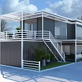 Modern Two Story Container House With White Railings Staircase Terrace And Plants