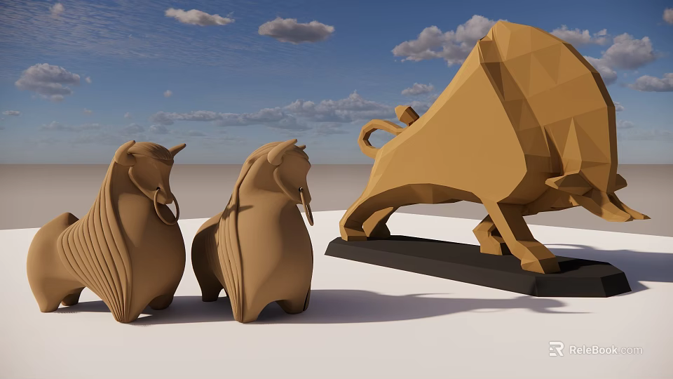 Brown Geometric Animal Shaped Decorative Ornament Set With Bull And Lion Figurines 3d model 