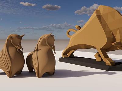 Brown Geometric Animal Shaped Decorative Ornament Set With Bull And Lion Figurines 3d model