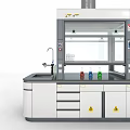 Modern Laboratory Fume Hood Setup With Chemical Bottles Faucet Drawers Cabinets and Warning Signs