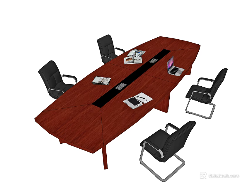 Mahogany Conference Table With Black Office Chairs And Laptop Documents In Meeting Room 3d model 