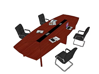 Mahogany Conference Table With Black Office Chairs And Laptop Documents In Meeting Room 3d model