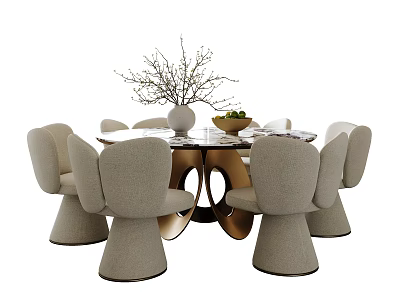 Modern Beige Dining Set with Round Table Curved Back Chairs Vase Branches and Fruit Bowl 3d model