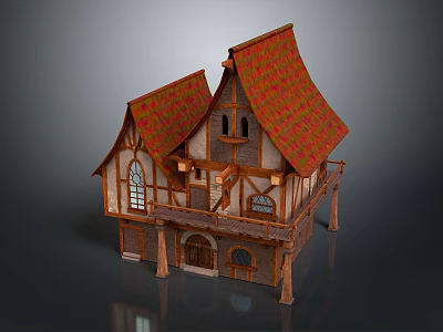 Fairy Tale Style Wooden House With Red Roof Balcony And Arched Windows 3d model