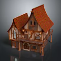 Fairy Tale Style Wooden House With Red Roof Balcony And Arched Windows