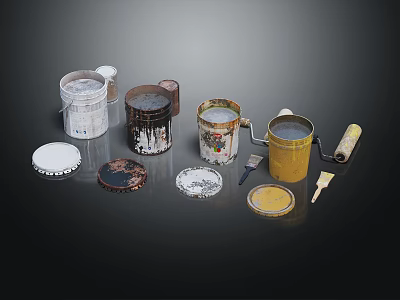 Industrial Equipment for Painting with Various Buckets Rollers Brushes and Lids 3d model