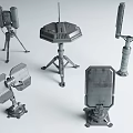 Multiple Types of Metallic Equipment with Stands Antennas and Dish Structures for Communication and Detection
